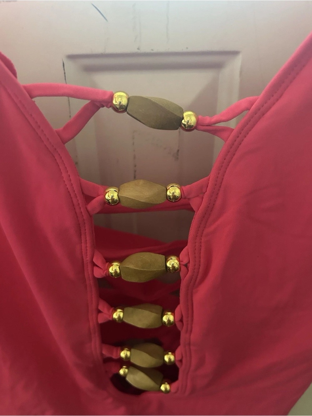 Bleu Rod Beattie Pink One-Piece Swimsuit with Gold Accents